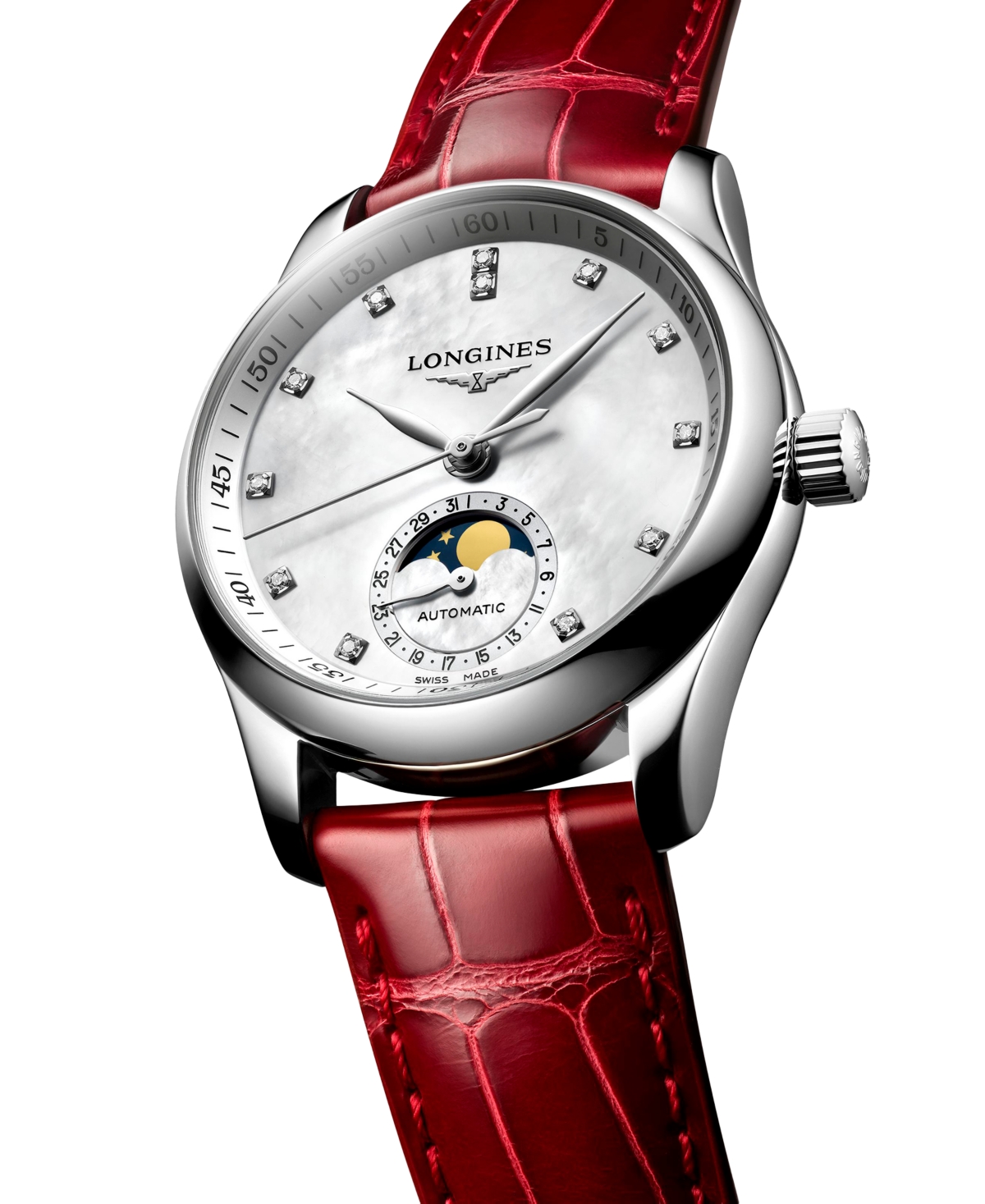 Shop Longines Women's Swiss Automatic Master Diamond (1/20 Ct. T.w.) Red Leather Strap Watch 34mm In Silver