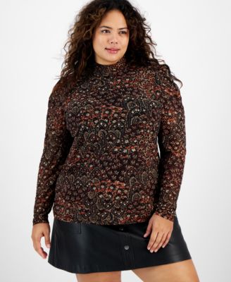 Bar III - Plus Size Printed Puff-Sleeve Mesh Turtleneck