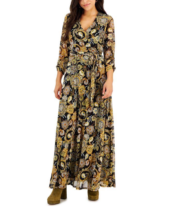 JAMIE & LAYLA Petite Floral-Print Ruched-Sleeve Wrap Dress - Macy's