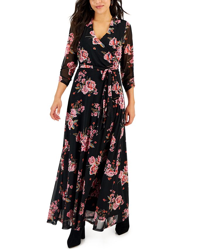 JAMIE & LAYLA Petite Floral-Print Ruched-Sleeve Wrap Dress - Macy's