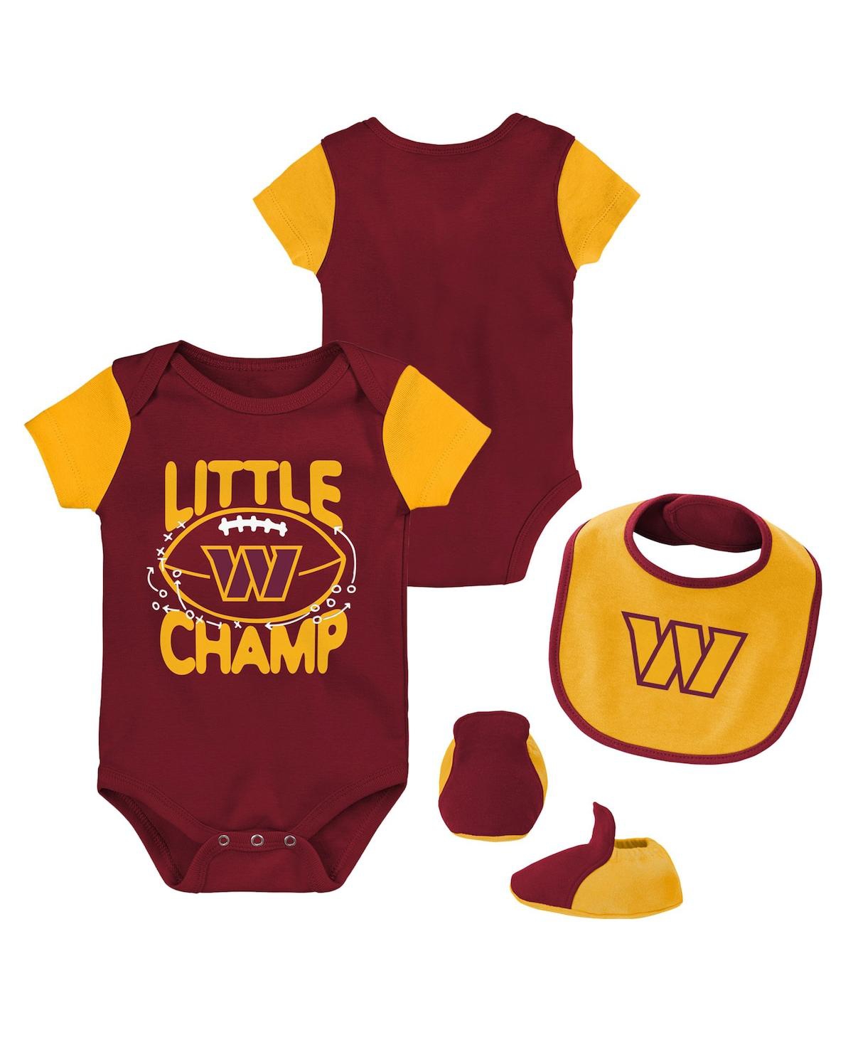 Outerstuff Babies' Newborn And Infant Boys And Girls Burgundy, Gold Washington Commanders Little Champ Three-piece Body In Burgundy,gold