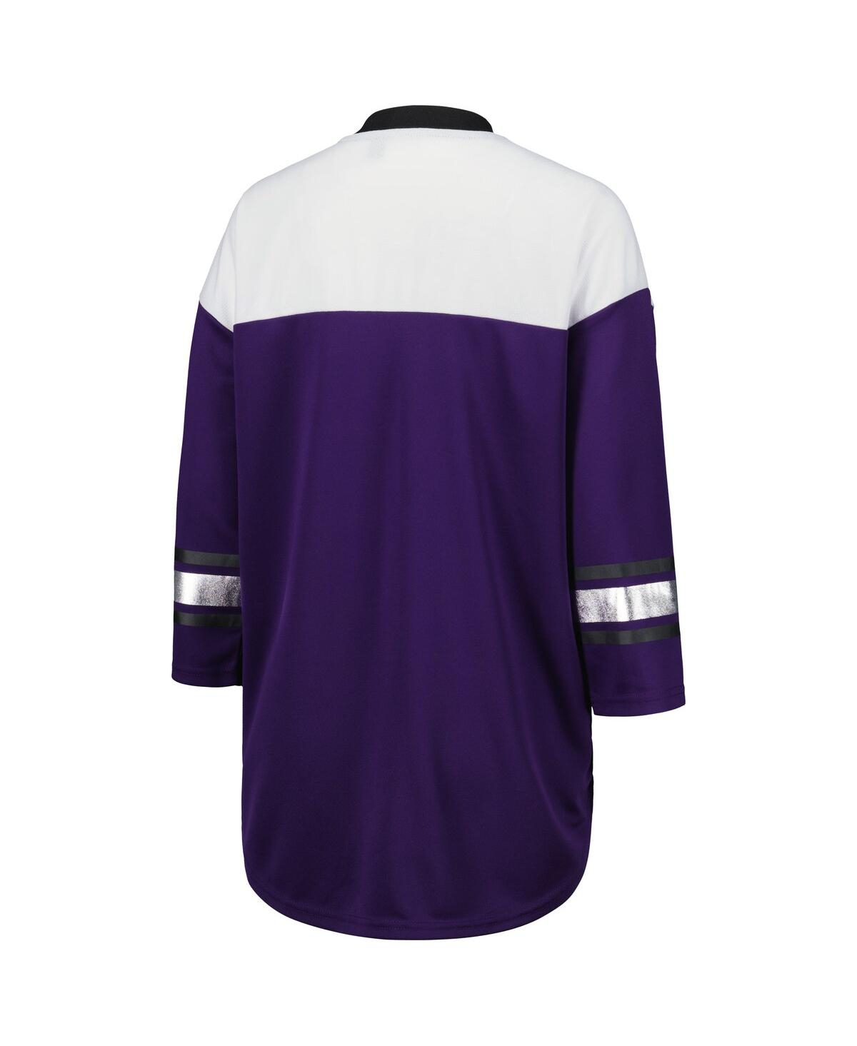 G-III 4HER BY CARL BANKS WOMEN'S G-III 4HER BY CARL BANKS PURPLE, WHITE BALTIMORE RAVENS DOUBLE TEAM 3/4-SLEEVE LACE-UP T-SHI 