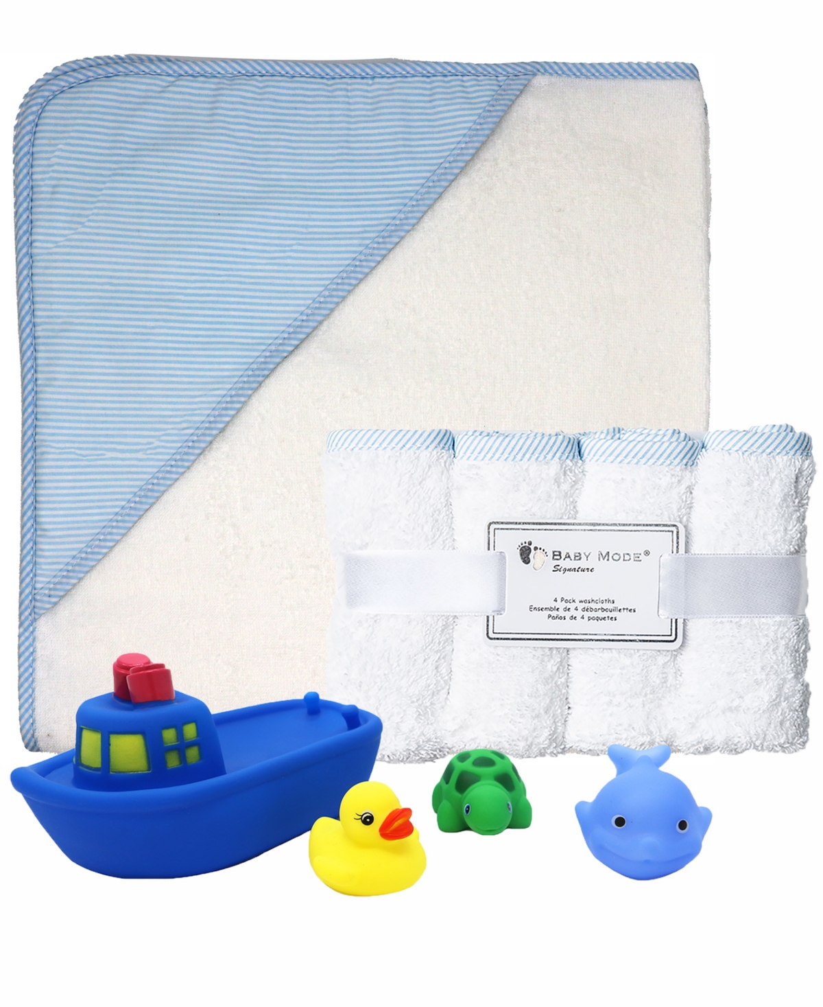 Baby Mode Signature Baby Boys Bath Towel, Washcloth, And Toys, 9 Piece Set In Blue