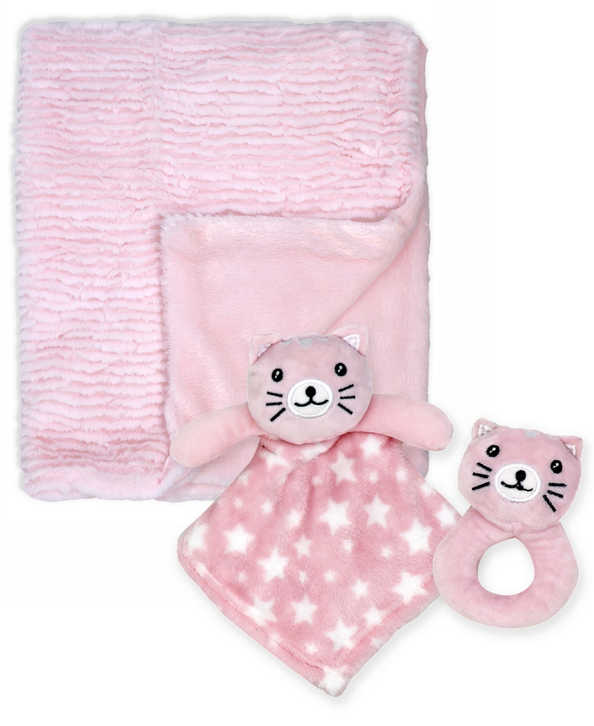Baby Mode Jesse & Lulu Baby Girls Ridged Plush Blanket, 3 Piece Set In Pink Kitty
