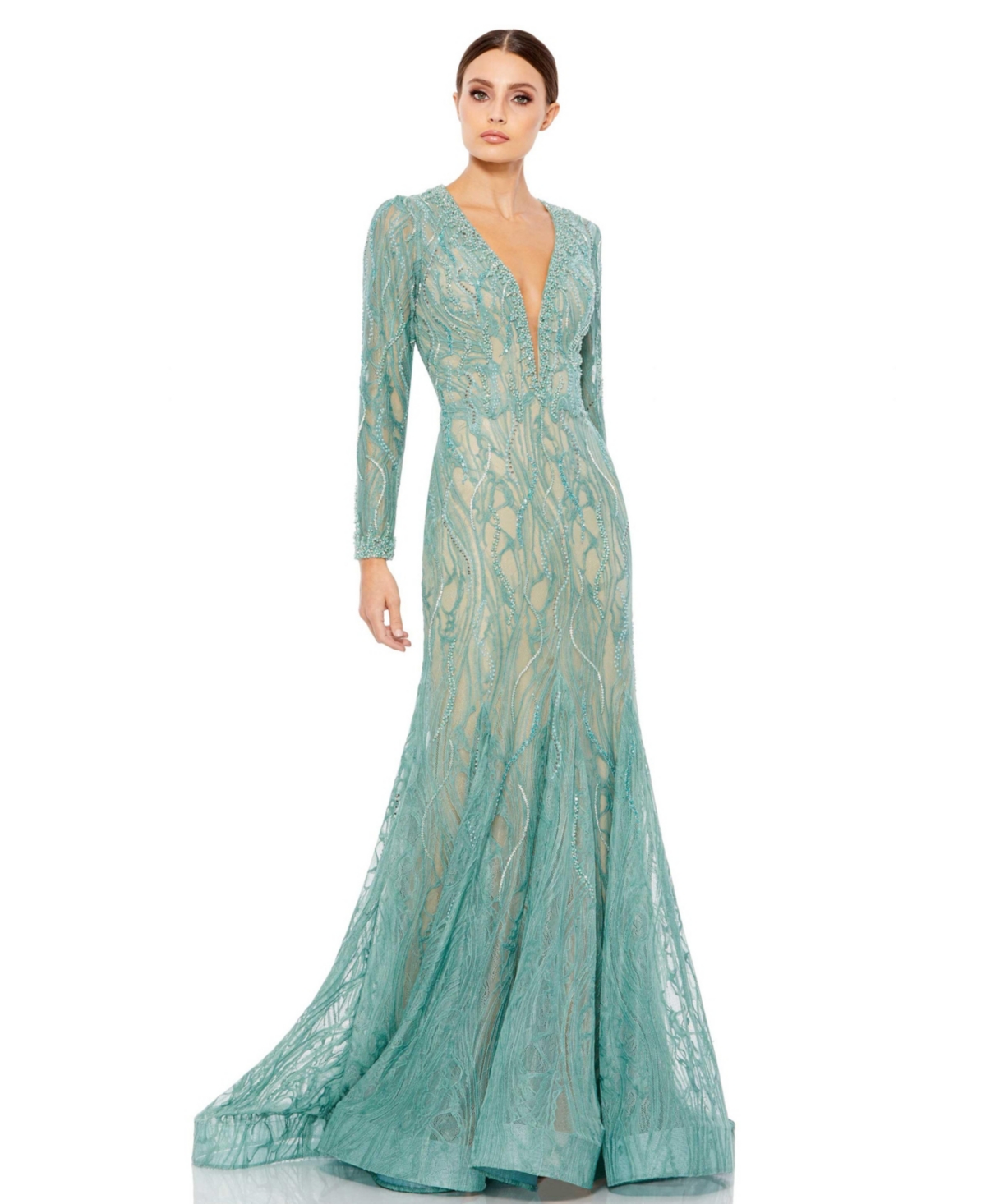 MAC DUGGAL WOMEN'S BEADED ILLUSION LONG SLEEVE PLUNGE NECK GOWN