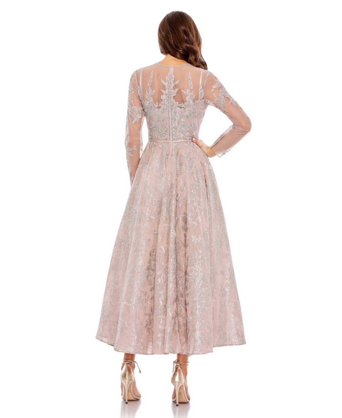 Mac Duggal Women's Embellished Bow Belt Illusion Long Sleeve A Line Dress