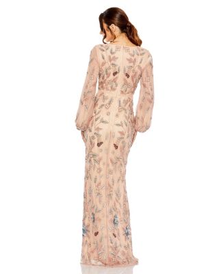 Mac Duggal SALE ジュエルネックドットバルーン袖ロングドレス Mac Duggal Women's Long Sleeve Floral Beaded V Neck Gown w
