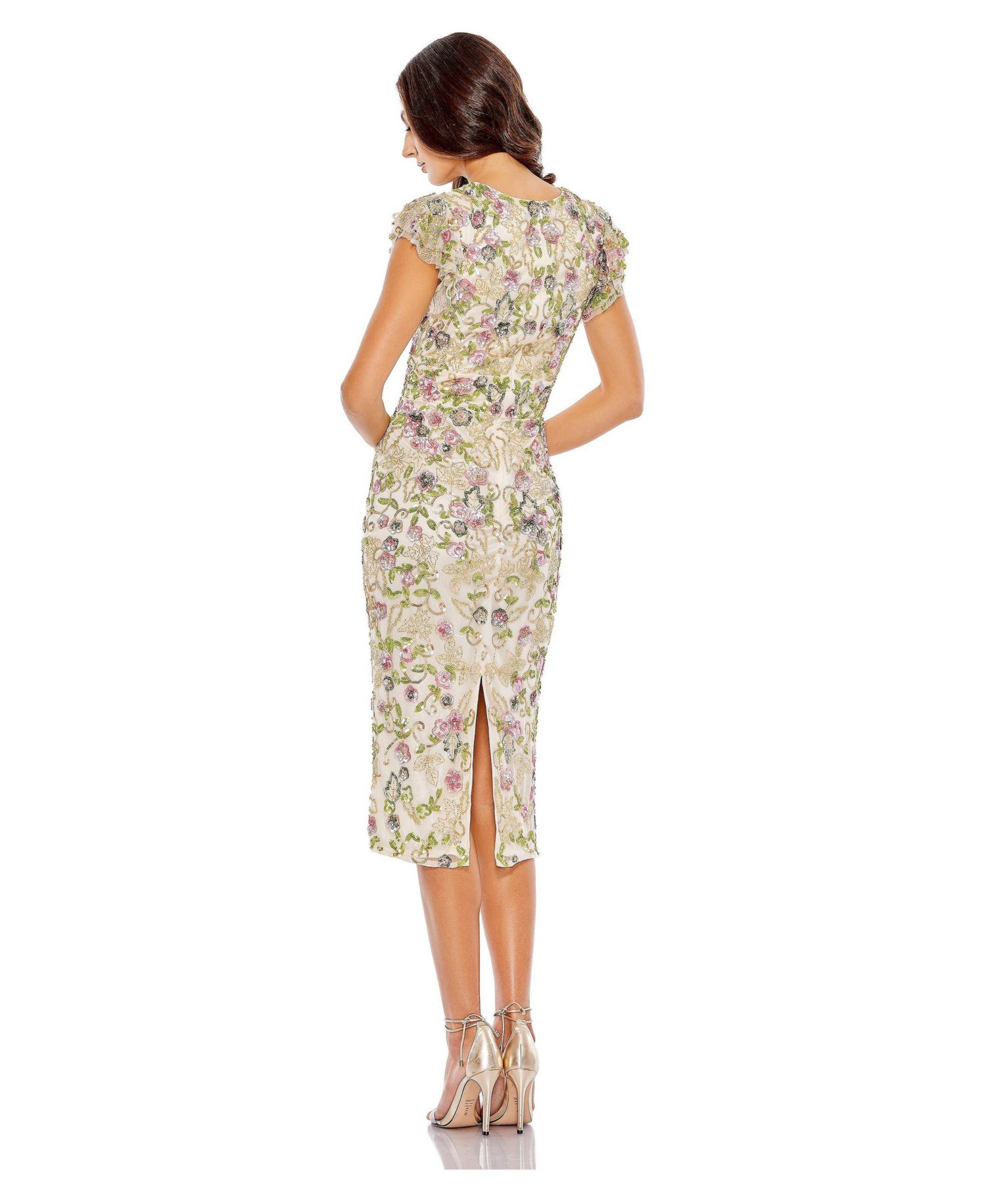 Women's Floral Embellished Flutter Cap Sleeve Dress