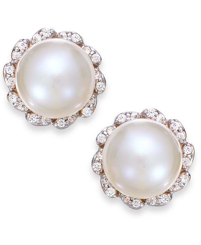 Macy's - Cultured Freshwater Pearl (7mm) And Diamond (1/8 ct. t.w.) Earrings in 14k Gold