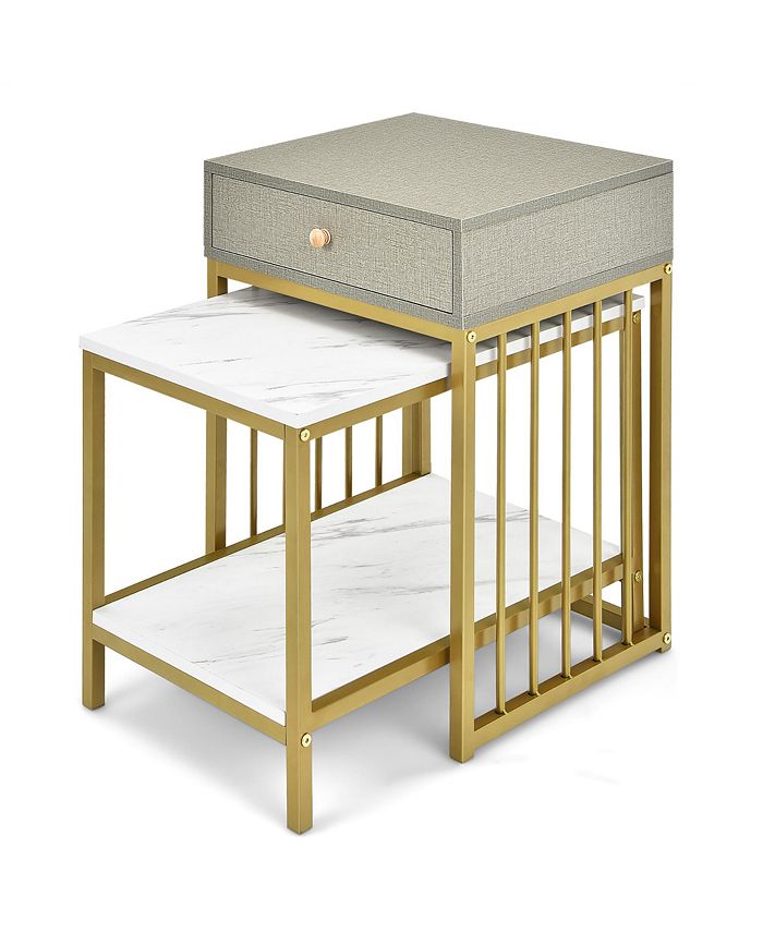 Costway Set of 2 Nesting Coffee Table Drawer Shelf Modern Sofa Side