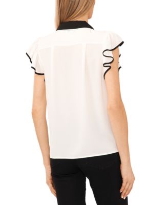 Women's Contrast Trimmed Flutter Sleeve Blouse