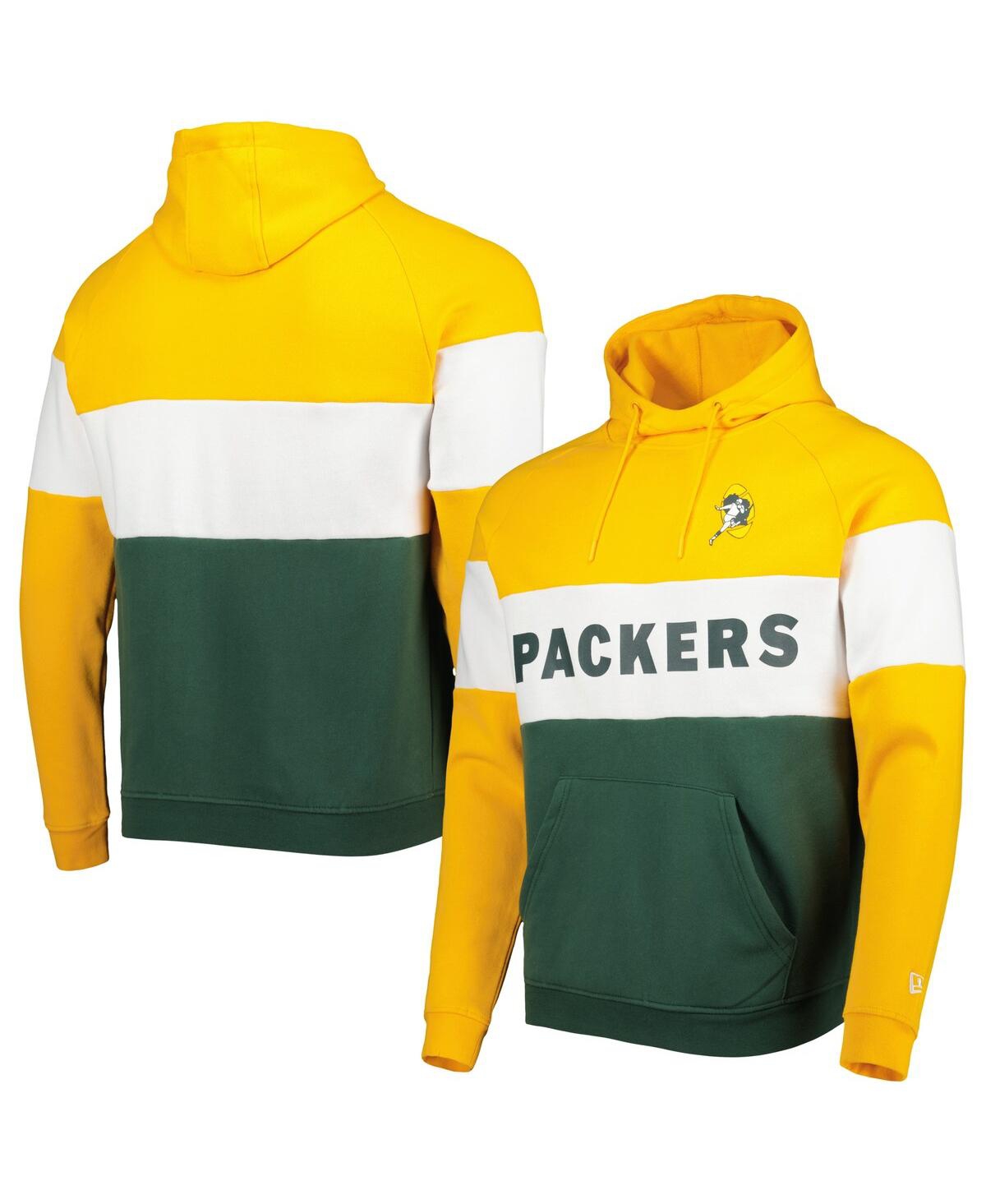 NEW ERA MEN'S NEW ERA GREEN, GOLD GREEN BAY PACKERS COLORBLOCK THROWBACK PULLOVER HOODIE 