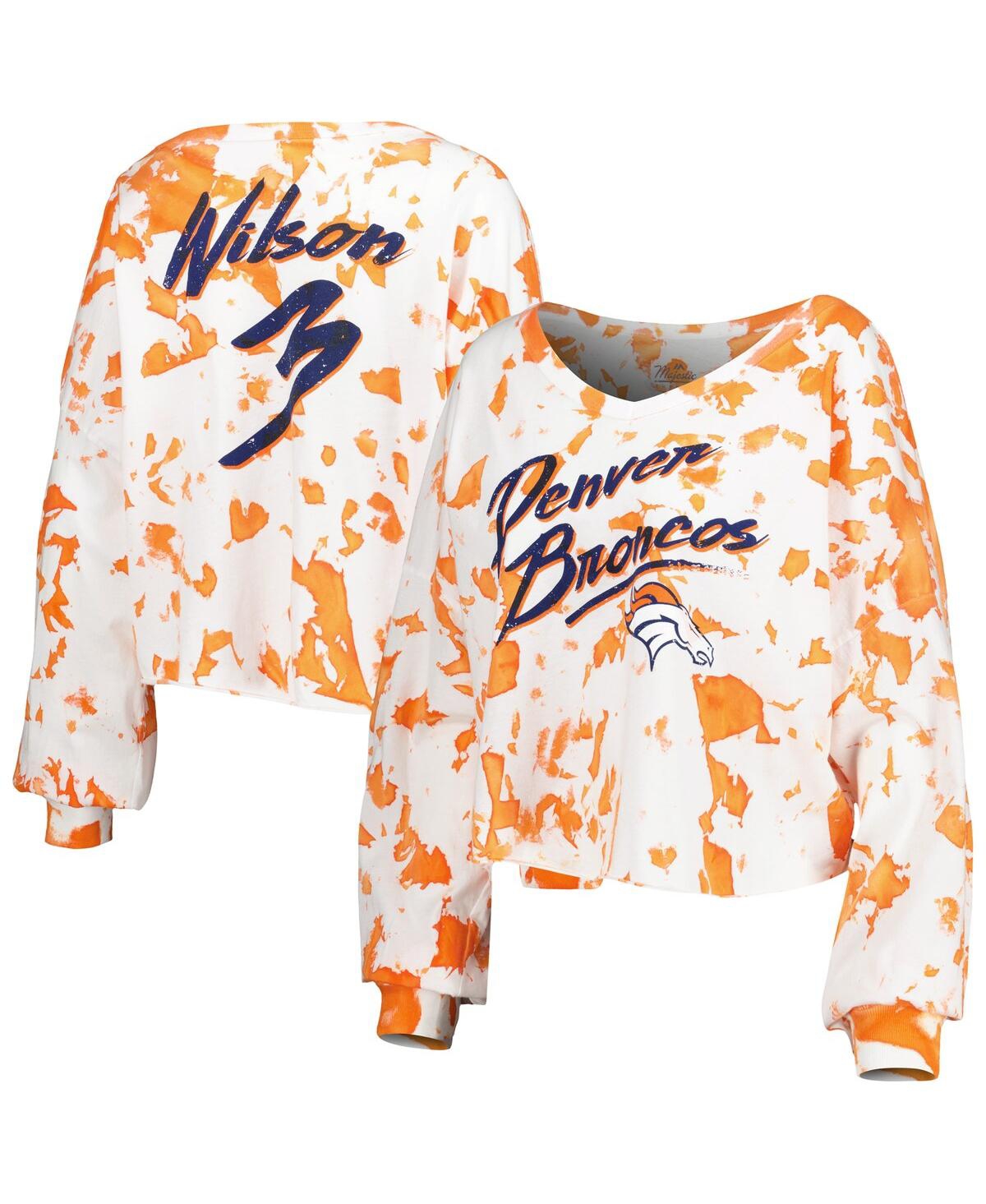 Majestic Women's  Threads Russell Wilson White, Orange Denver Broncos Off-shoulder Tie-dye Name And N In White,orange