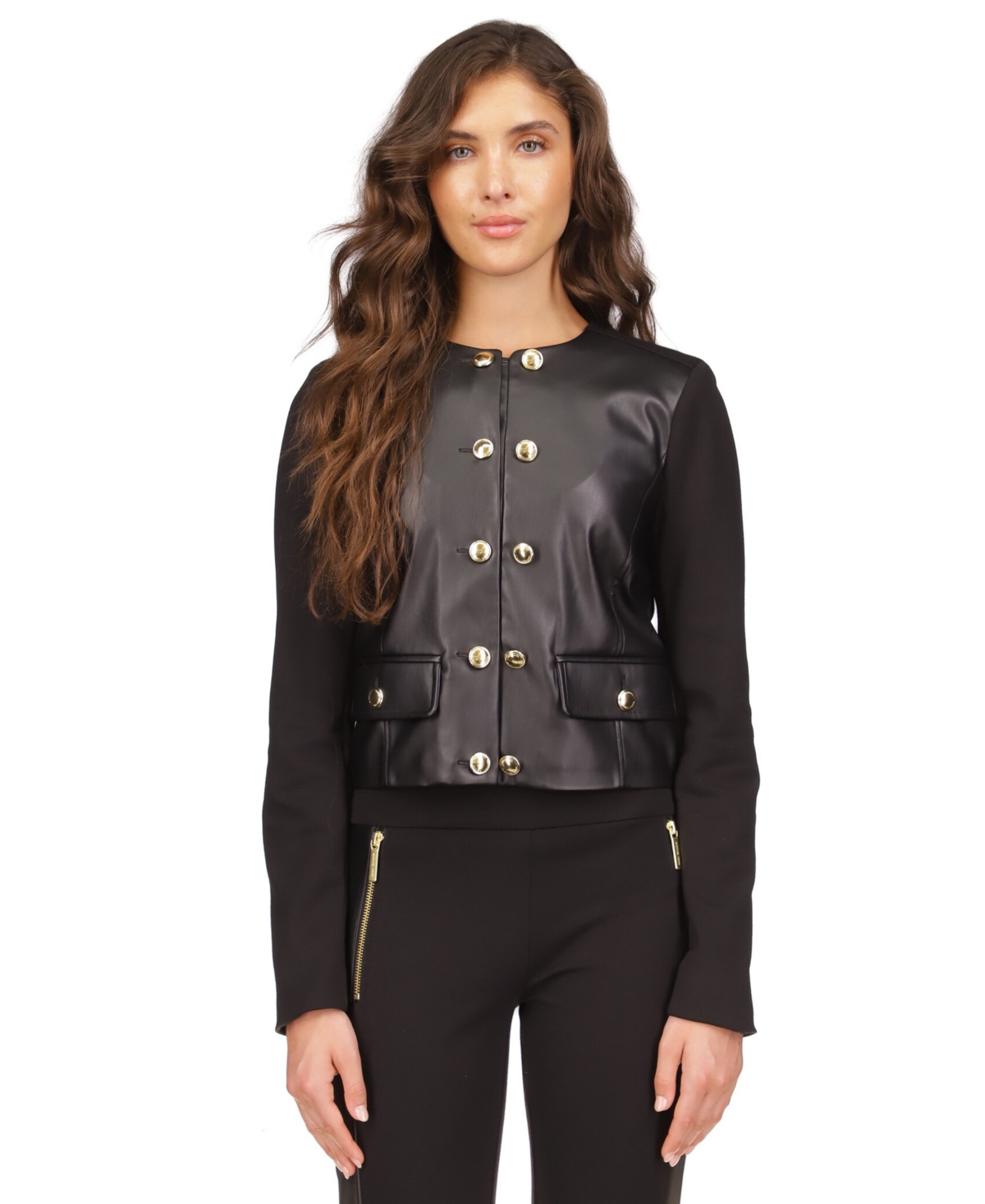 Michael Kors Michael  Women's Button-front Mixed-media Jacket, Regular & Petite In Black