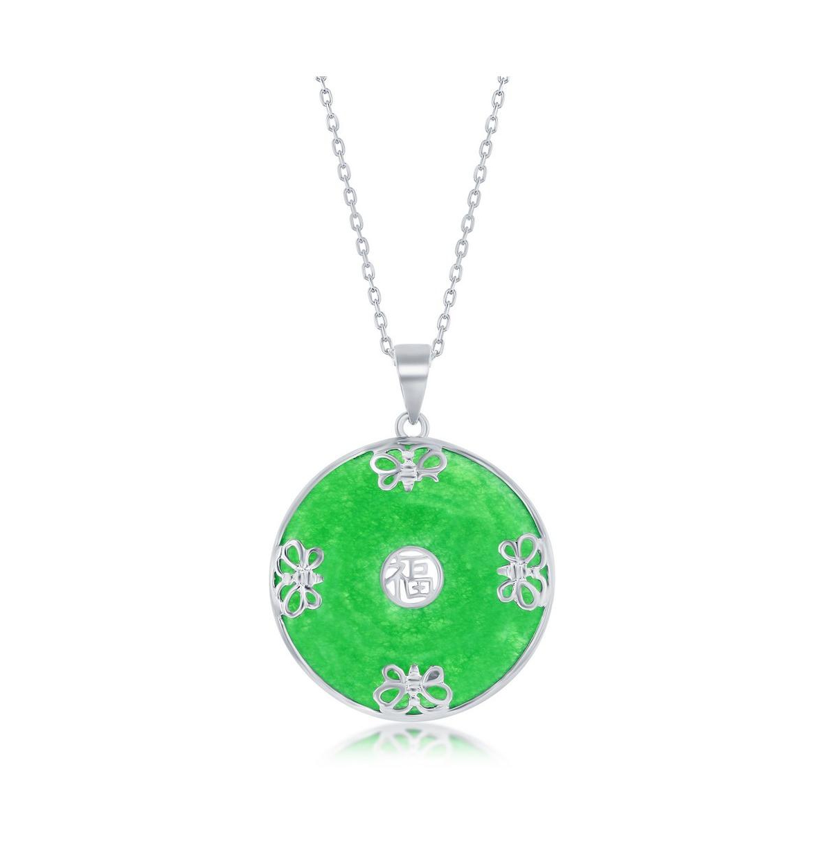 Sterling Silver Round w/Small Butterfly 'Good Luck' Jade Necklace - Green