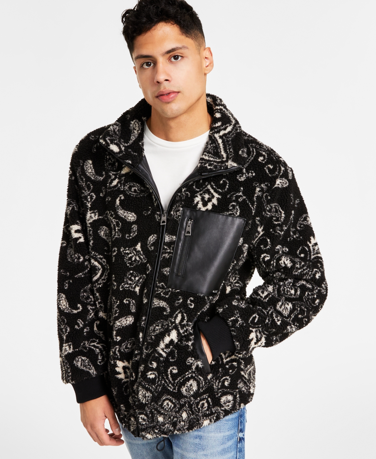 Guess Men's Sherpa Jacket In Black/white | ModeSens