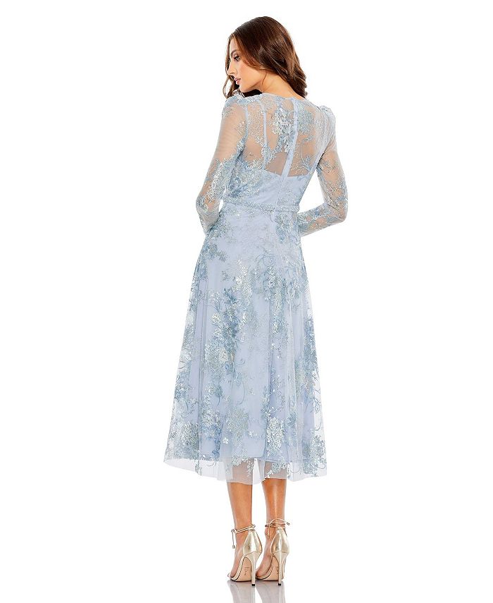 Mac Duggal Women's Embellished Illusion Long Sleeve Midi Dress - Macy's