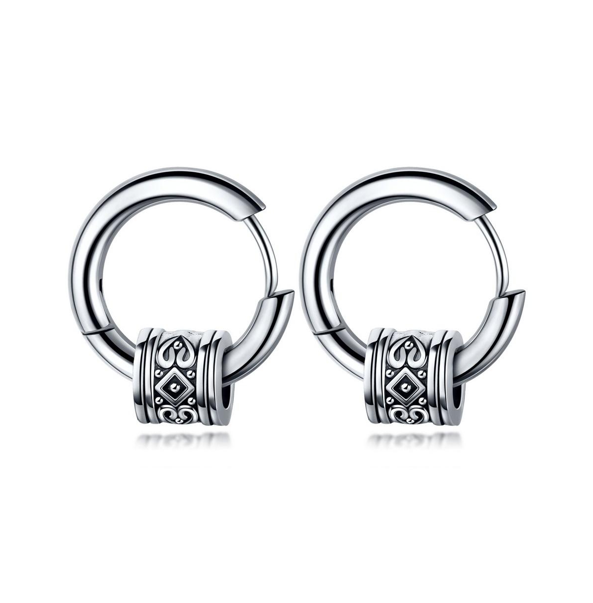 Stainless Steel Oxidized Spinning Designed Huggie Hoop Earrings - Silver