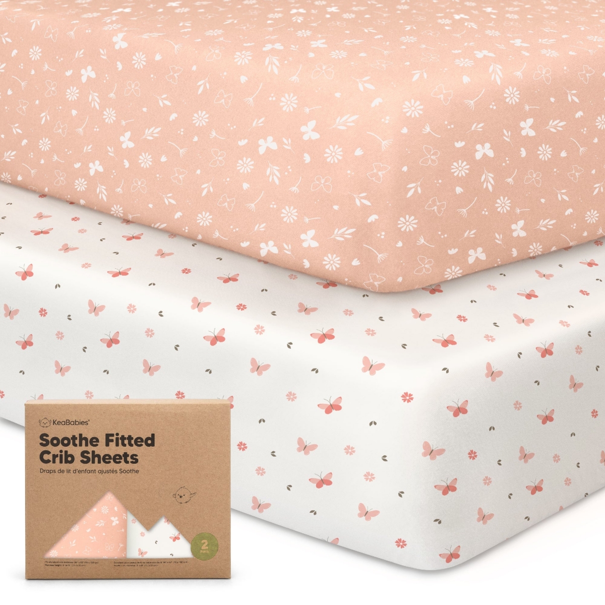 Keababies 2pk Soothe Fitted Crib Sheets Neutral, Organic Baby Crib Sheets, Fits Standard Nursery Baby Mattress In Pink