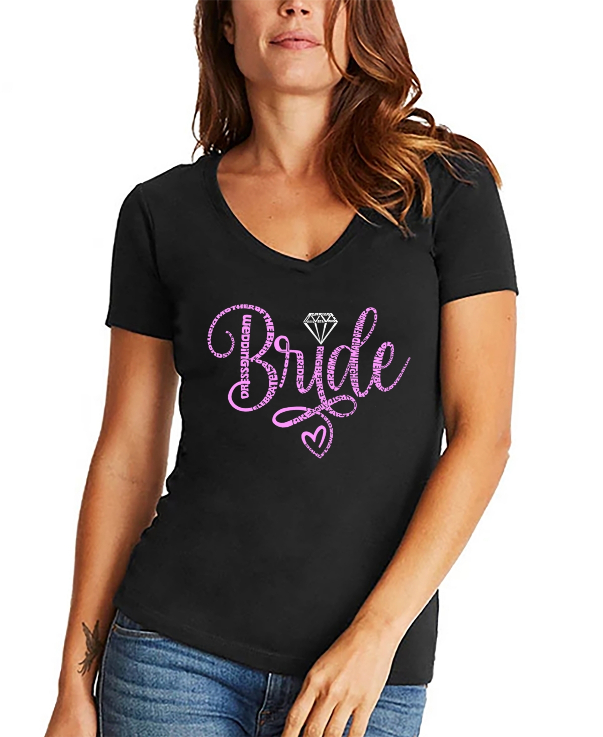La Pop Art Women's Bride Word Art V-neck T-shirt In Black