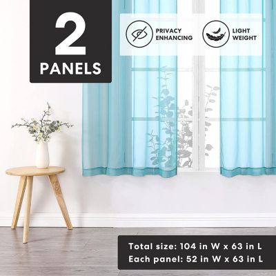 Basics Turquoise Blue 2 Piece Rod Pocket Translucent Sheer Voile Window Curtain Panels For Small Windows - 45 In. Long