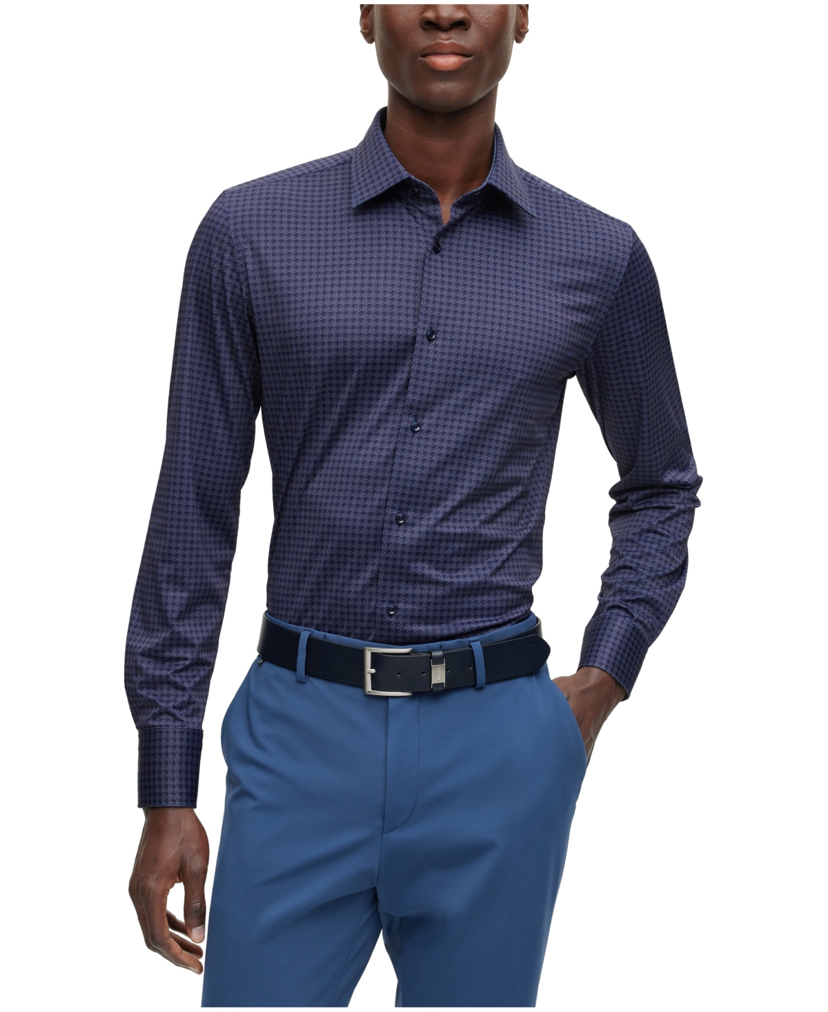 Hugo Boss Boss By  Men's Houndstooth-print Slim-fit Shirt In Dark Blue