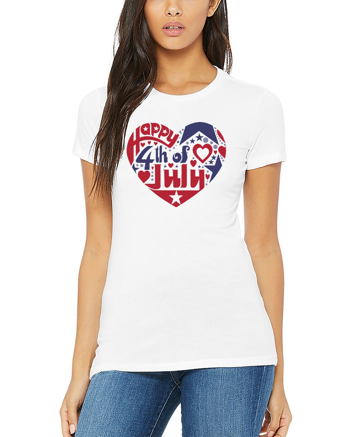 La Pop Art Women's July 4th Heart Word Art Short Sleeve T-shirt In White