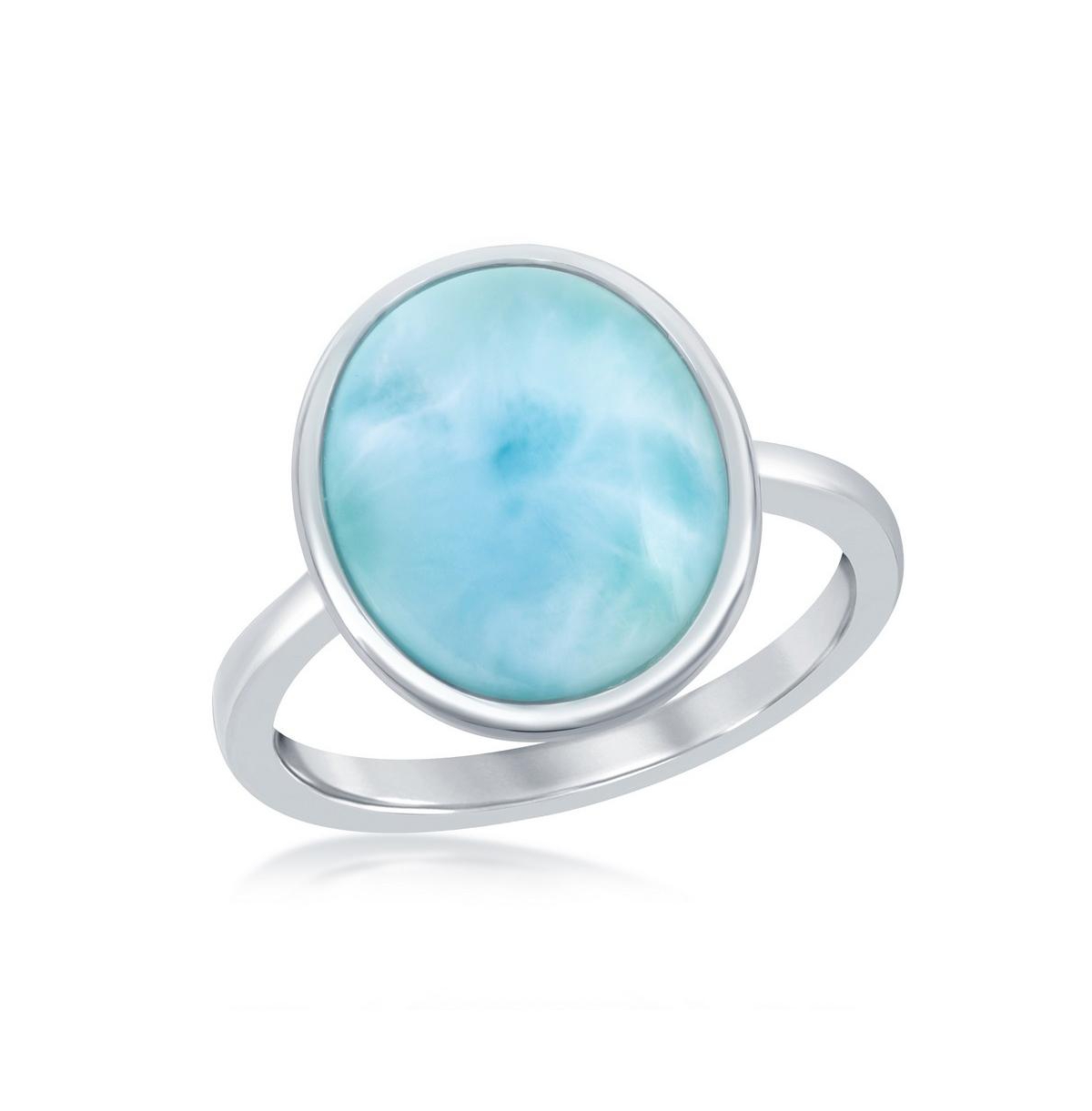 Sterling Silver Larimar Oval with Design Border Ring - Blue