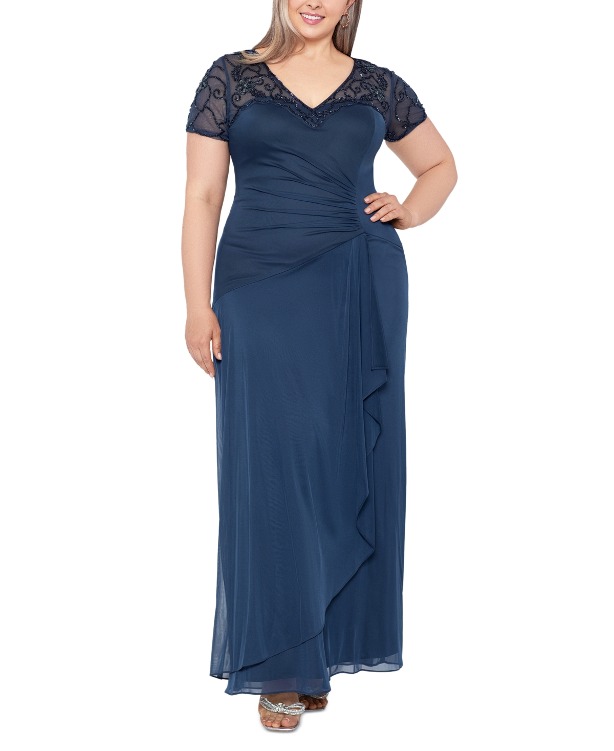 Plus Size Beaded Illusion-Trim Side-Ruched Gown - Charcoal