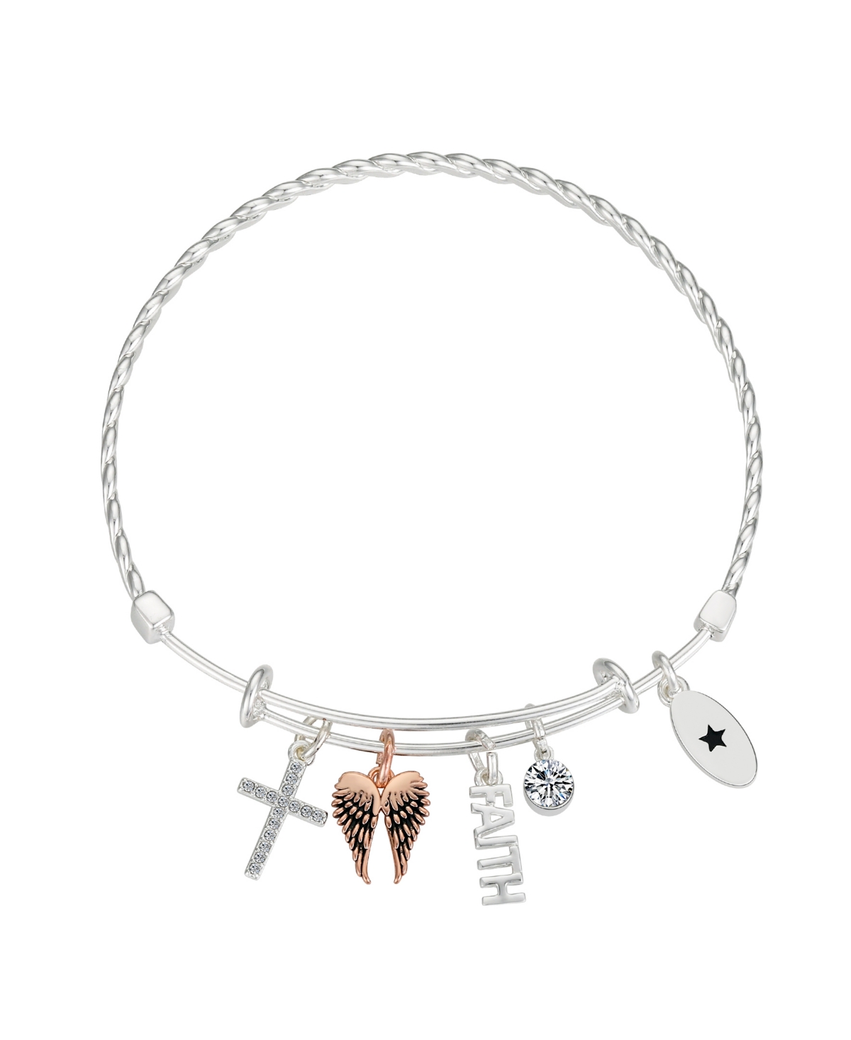 Unwritten Genuine Crystal Cross 14k Rose Gold Plated Wings And Bezel Bracelet In Silver Plated