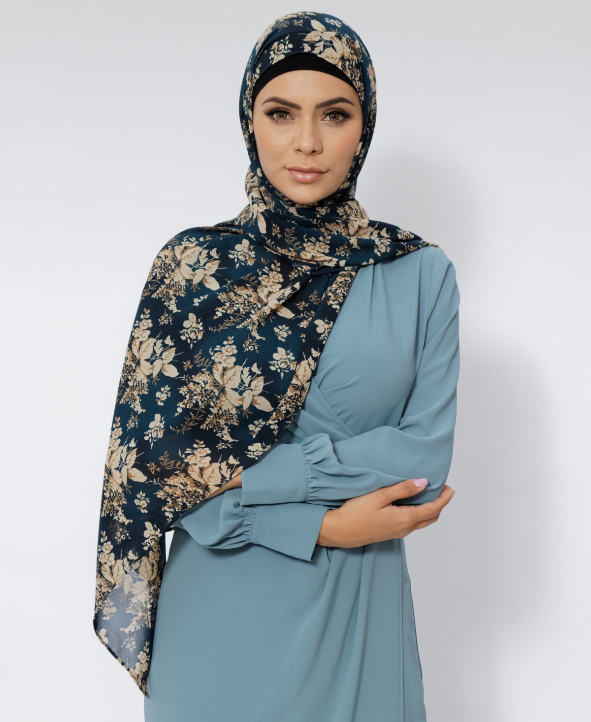 Women's Floral-Print Chiffon Hijab - Teal And Beige