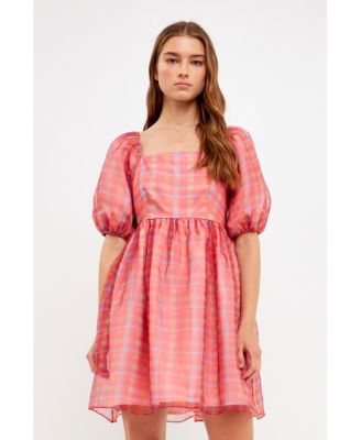 Women's Checker Puff Mini Dress