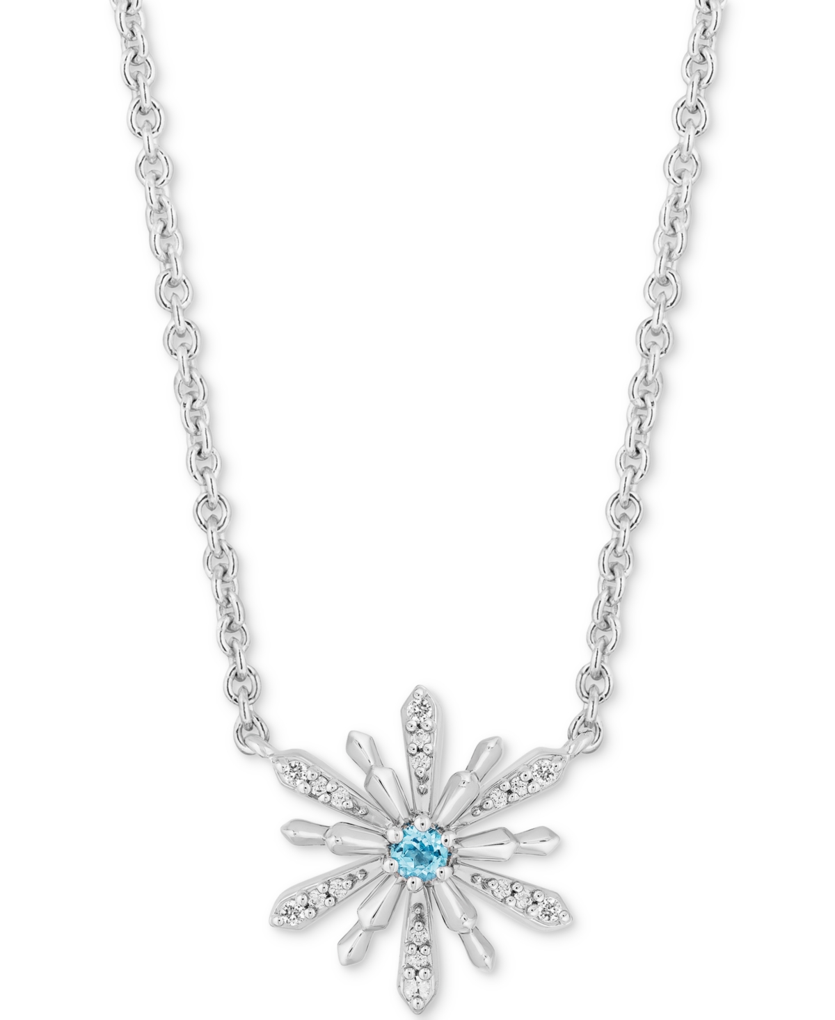Enchanted Disney Fine Jewelry Aquamarine (1/10 Ct. T.w.) & Diamond (1/10 Ct. T.w.) Elsa Snowflake Pendant Necklace In Sterling Sil In Sterling Silver