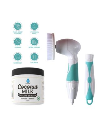 Advanced Facial & Body Cleansing Brush With Extended Handle & Coconut Milk Body Scrub 14oz, with Dead Sea Salt, Almond Oil and Vitamin E