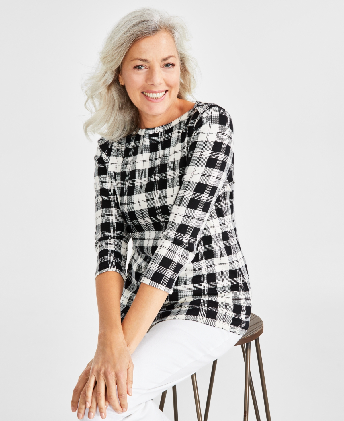 Style & Co Women's Plaid 3/4-sleeve Pima Cotton Knit Top, Regular & Petite, Created For Macy's In White Plaid
