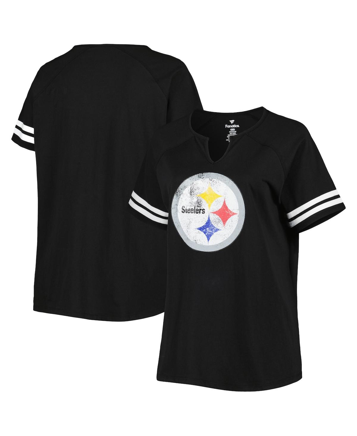 Fanatics Women's  Black Pittsburgh Steelers Plus Size Logo Striped Raglan Notch Neck T-shirt