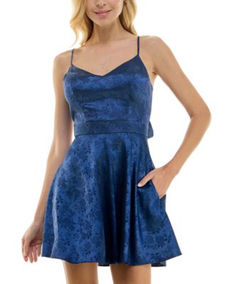 B Darlin - Juniors' Satin Jacquard Bow-Back Skater Dress