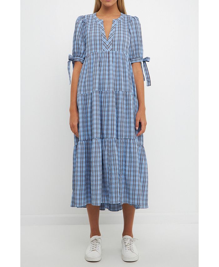English Factory Women's Gingham Tiered Dress with Bow-Tie Sleeves - Macy's