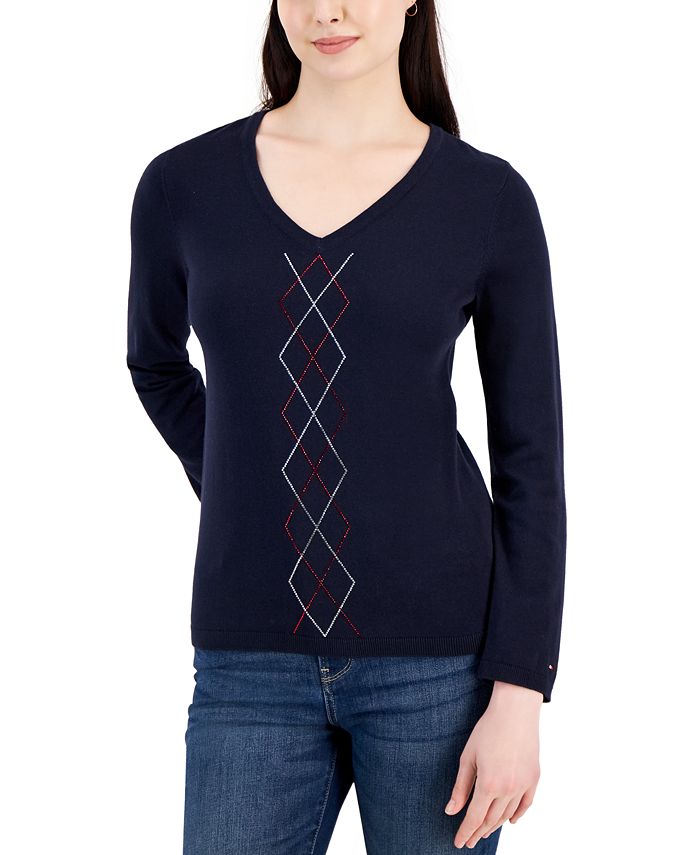 Tommy Hilfiger Women's Cotton Embellished Argyle Sweater - Macy's