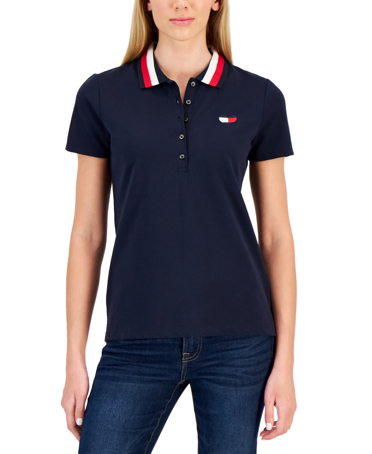 Tommy Hilfiger Women's Striped-collar Heart-logo Polo In Sky Captain