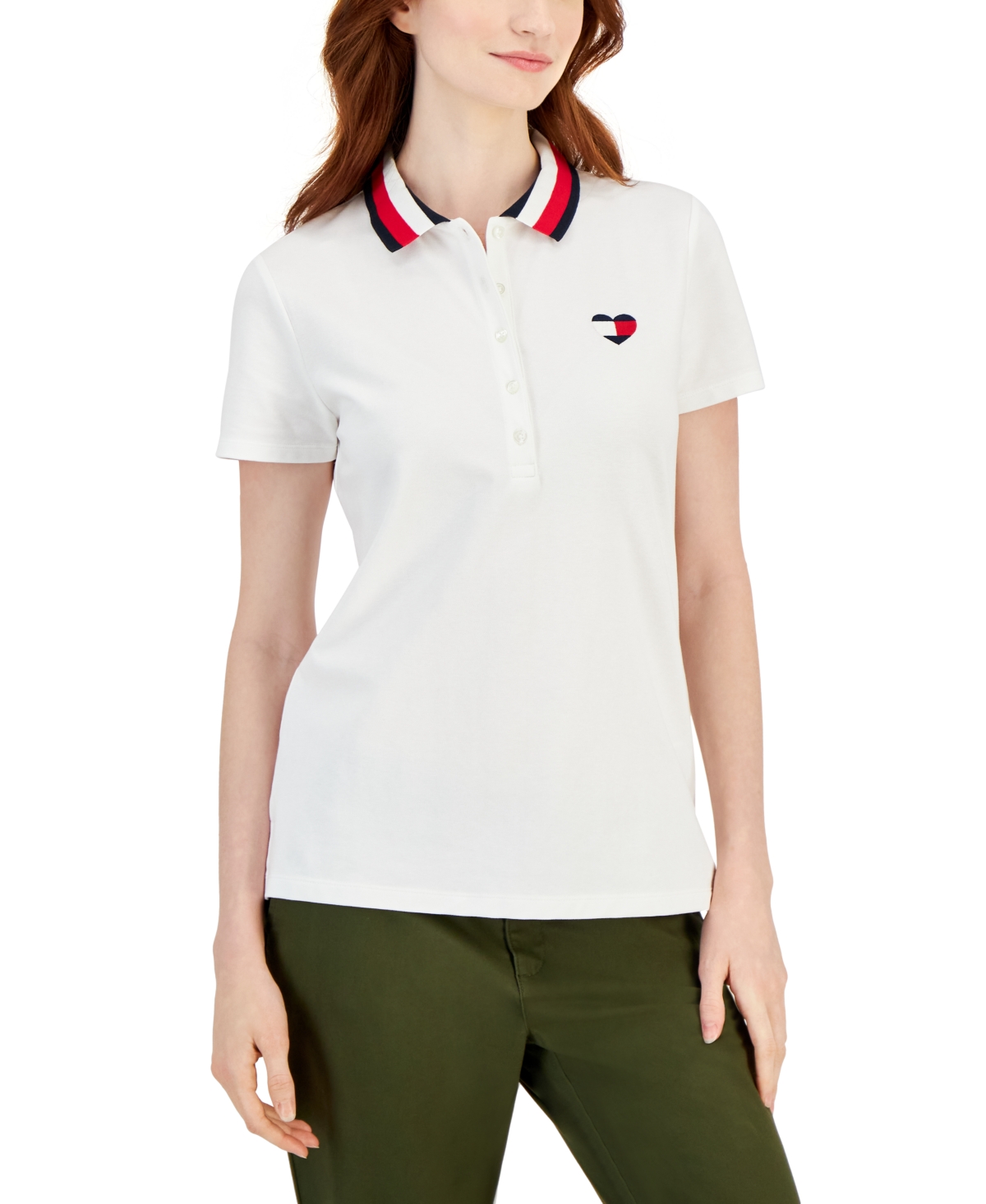 Tommy Hilfiger Women's Striped-collar Heart-logo Polo In Bright White