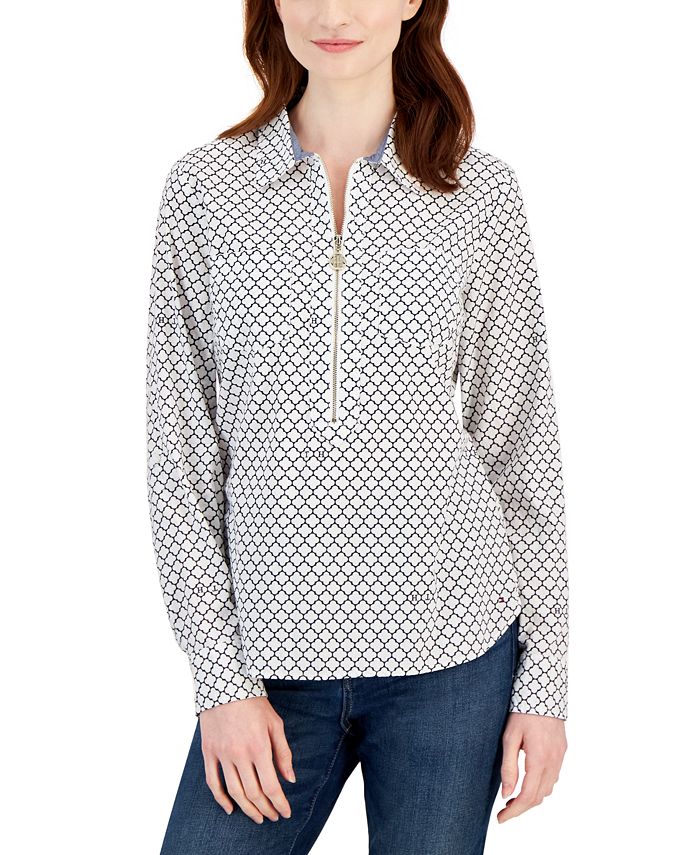 Tommy Hilfiger Women's Cotton Logo Geometric-Print Half-Zip Blouse - Macy's