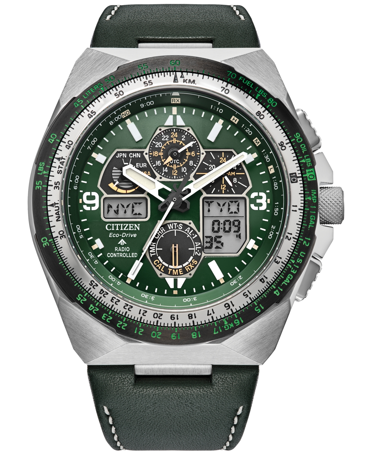 Citizen Eco-drive Men's Chronograph Promaster Skyhawk Green Leather Strap Watch 46mm