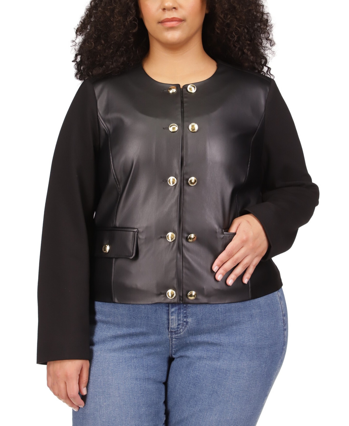 Michael Kors Michael  Plus Size Faux Leather Button Jacket In Black