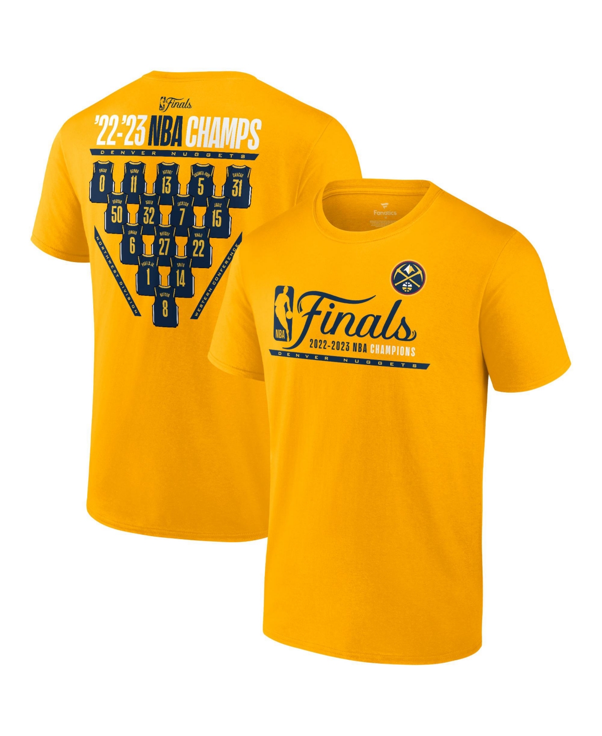 Fanatics Men's  Gold Denver Nuggets 2023 Nba Finals Champions Close Out Jersey Roster T-shirt