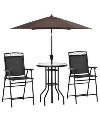 4 Piece Outdoor Patio Dining Furniture Set, 2 Folding Chairs, Adjustable Angle Umbrella, Wave Textured Tempered Glass Dinner Table, Black