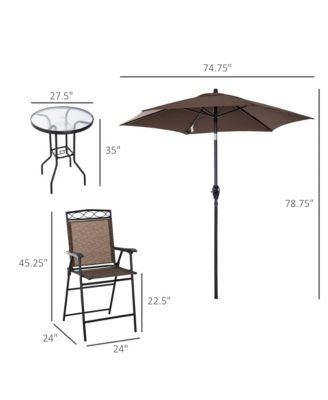 4 Piece Outdoor Patio Dining Furniture Set, 2 Folding Chairs, Adjustable Angle Umbrella, Wave Textured Tempered Glass Dinner Table, Brown