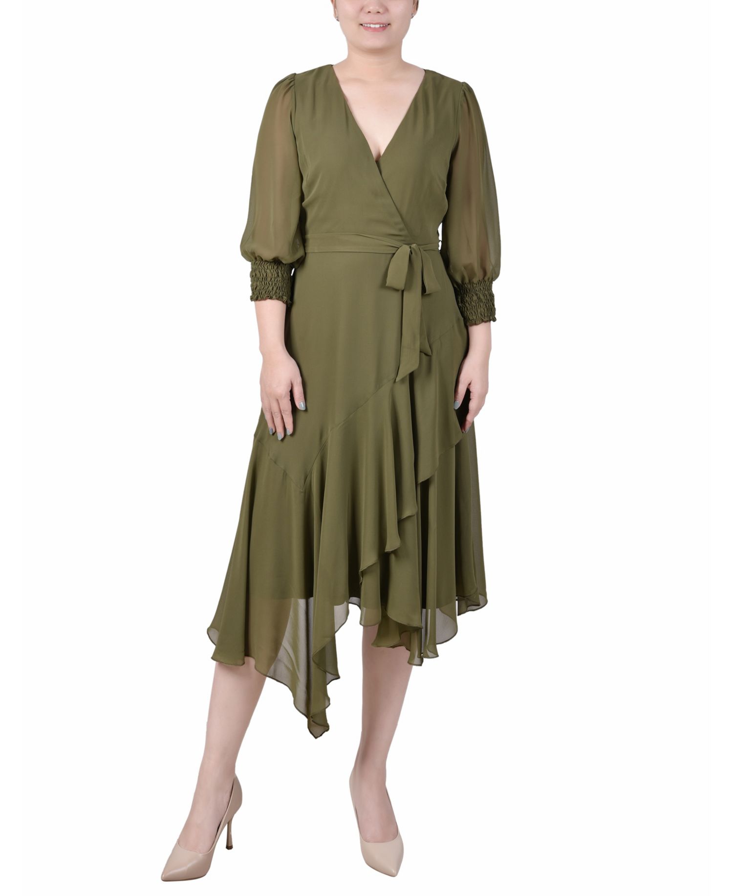 Women's 3/4 Sleeve Belted Chiffon Handkerchief Hem Dress