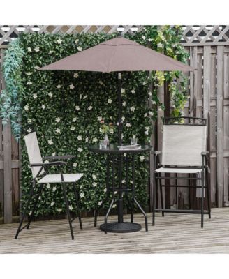 4 Piece Outdoor Patio Dining Furniture Set, 2 Folding Chairs, Adjustable Angle Umbrella, Wave Textured Tempered Glass Dinner Table, Beige