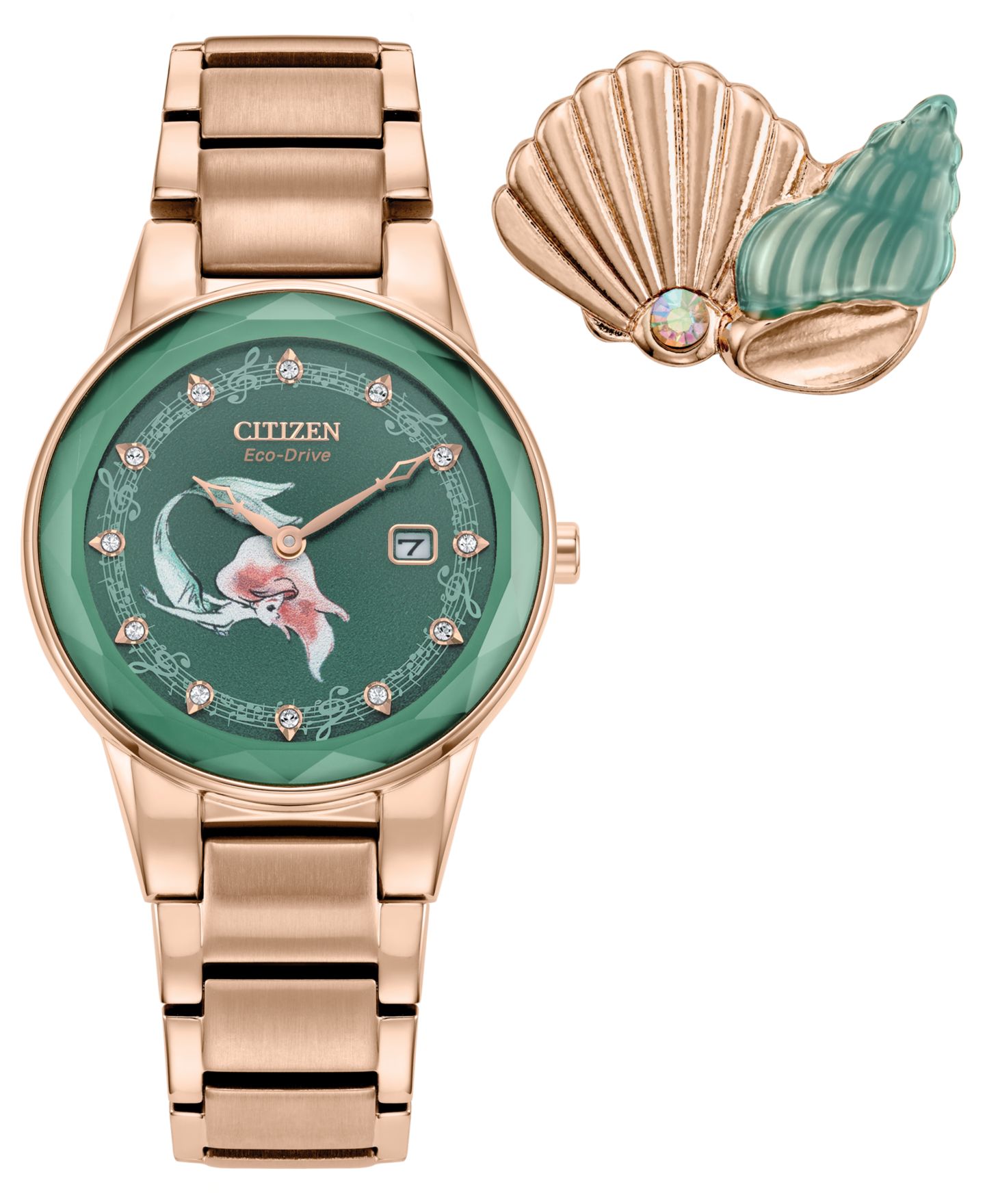 Женские часы Citizen Eco-Drive Disney Princess Ariel Rose Gold-Tone Stainless Steel Bracelet Watch 30mm Gift Set — фото 1